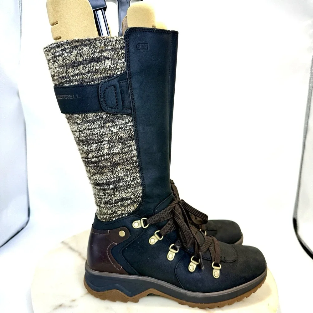 Merrell Waterproof Black Brown Leather Tall Zip Boots Women's Size 6 Pics!
